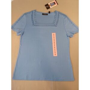Rafaella Womens Blue Cotton Square Neck Crochet Trim Short Sleeve Top RSKSF064 S